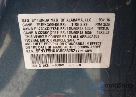 2016 Honda Pilot Ex-L z USA, uszkodzony, nr VIN 5FNYF5H61GB035262